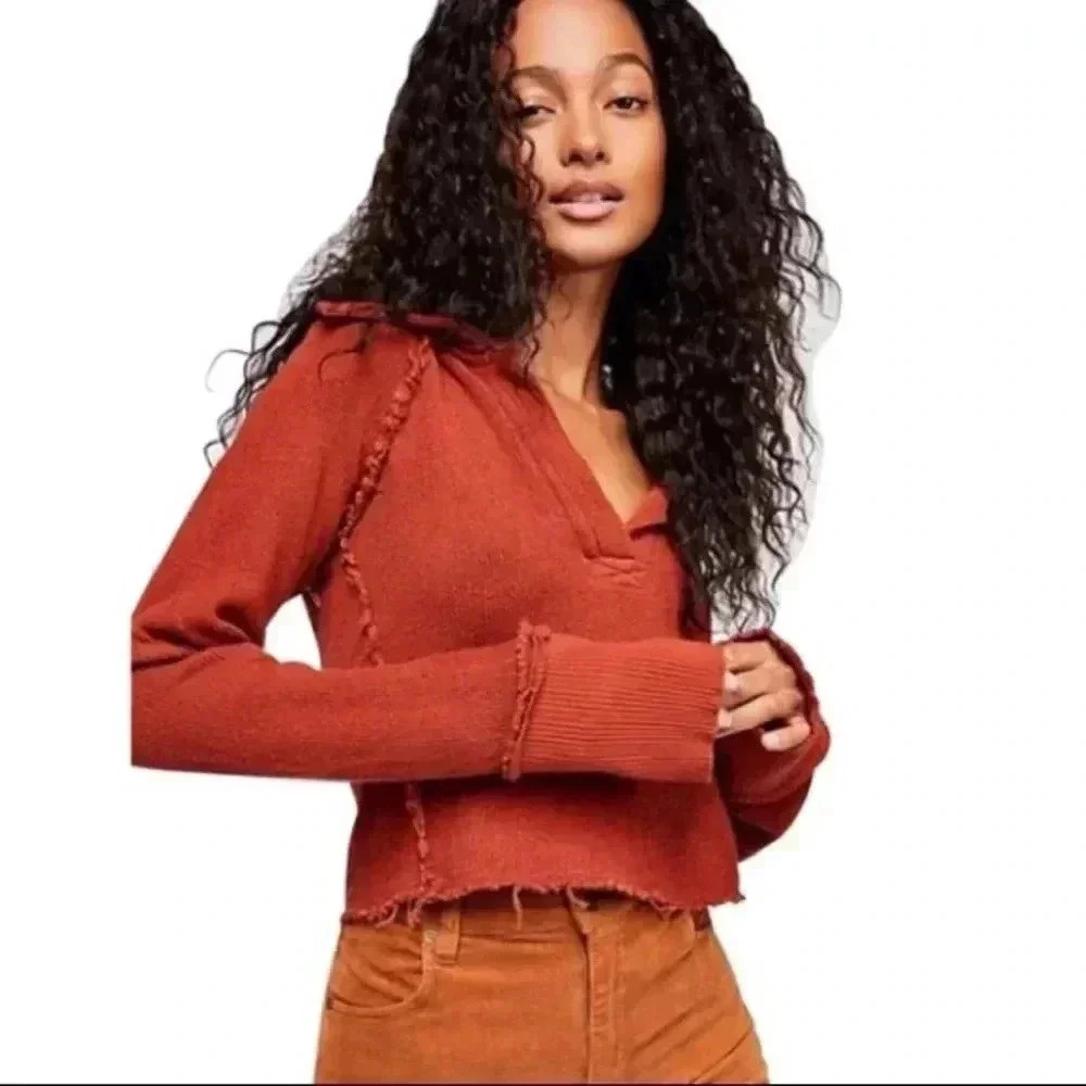 FREE PEOPLE LONG SLEEVE BOHO KNIT PULLOVER RUST SWEATER SIZE XS